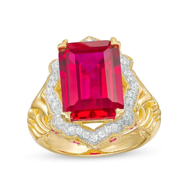 Main Image 1 of Emerald-cut Lab-Created Ruby and White Lab-Created Sapphire Vintage-Style Ring in Sterling Silver with 14K GP - Size 7