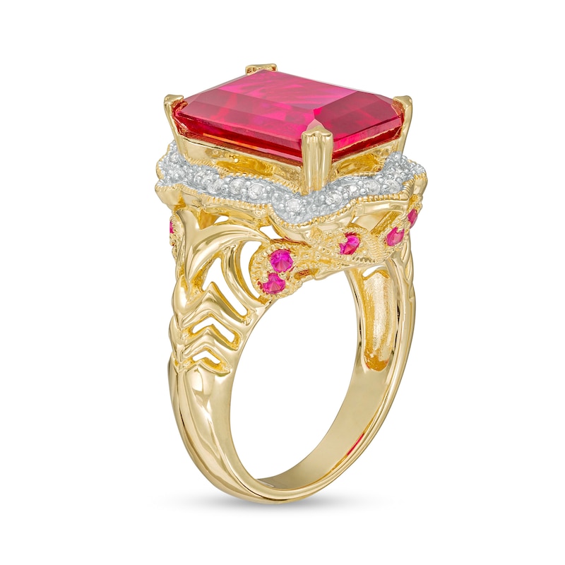 Main Image 3 of Emerald-cut Lab-Created Ruby and White Lab-Created Sapphire Vintage-Style Ring in Sterling Silver with 14K GP - Size 7