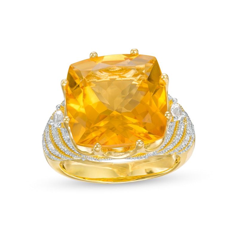 Cushion-Cut Citrine and White Lab-Created Sapphire Vintage-Style Ring in Sterling Silver with 14K Gold Plate - Size 7