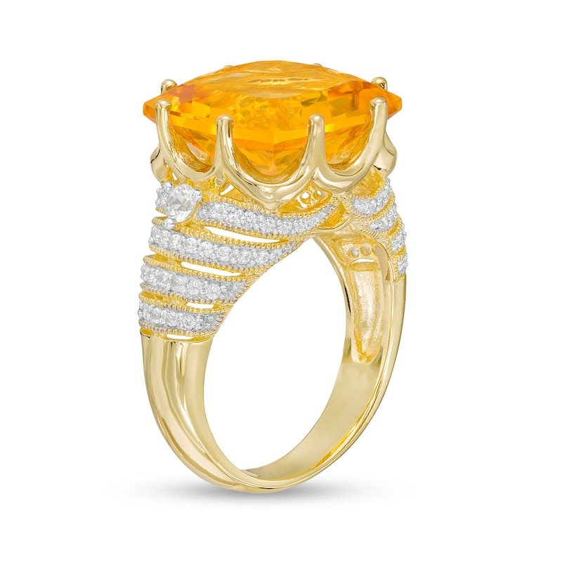 Main Image 3 of Cushion-Cut Citrine and White Lab-Created Sapphire Vintage-Style Ring in Sterling Silver with 14K Gold Plate - Size 7