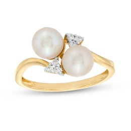 6.0mm Cultured Freshwater Pearl and 1/10 CT. T.W. Diamond Duo Tri-Sides Bypass Ring in 10K Gold