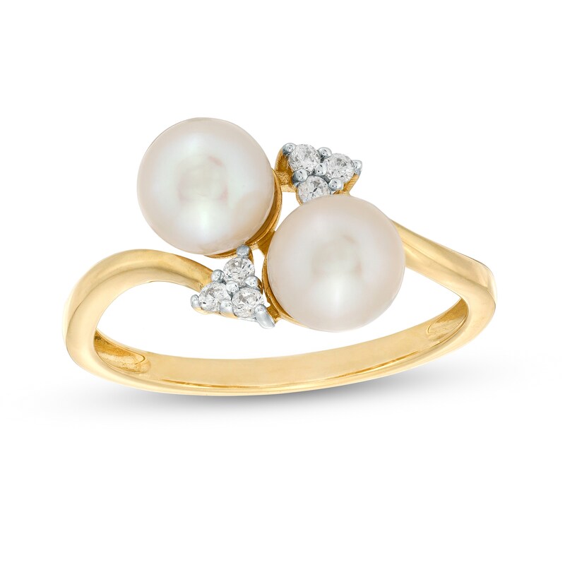 Main Image 1 of 6.0mm Freshwater Cultured Pearl and 1/10 CT. T.W. Diamond Duo Tri-Sides Bypass Ring in 10K Gold