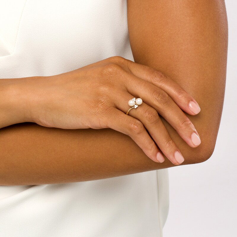 Main Image 2 of 6.0mm Freshwater Cultured Pearl and 1/10 CT. T.W. Diamond Duo Tri-Sides Bypass Ring in 10K Gold