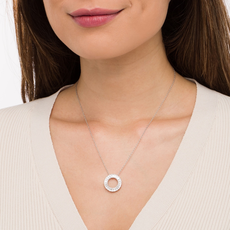 Main Image 2 of Baguette White Lab-Created Sapphire Circle Pendant in Sterling Silver