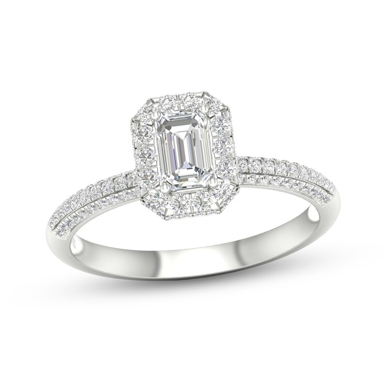 Main Image 1 of Trouvaille Collection 3/4 CT. T.W. DeBeers®-Graded Emerald-Cut Diamond Frame Engagement Ring in Platinum (F/SI2)