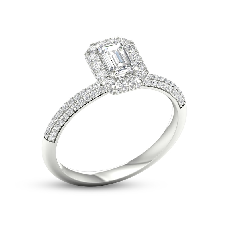 Trouvaille Collection 3/4 CT. T.W. DeBeers®-Graded Emerald-Cut Diamond Frame Engagement Ring in Platinum (F/SI2)