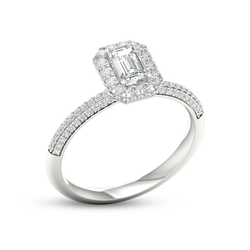 Main Image 3 of Trouvaille Collection 3/4 CT. T.W. DeBeers®-Graded Emerald-Cut Diamond Frame Engagement Ring in Platinum (F/SI2)