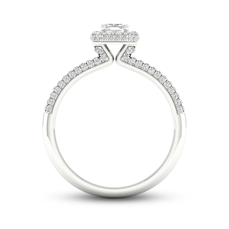 Main Image 4 of Trouvaille Collection 3/4 CT. T.W. DeBeers®-Graded Emerald-Cut Diamond Frame Engagement Ring in Platinum (F/SI2)