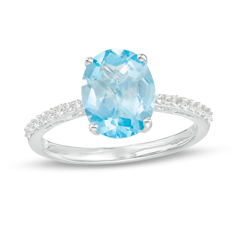 Main Image 1 of Oval Swiss Blue Topaz and White Lab-Created Sapphire Tapered Shank Ring in Sterling Silver