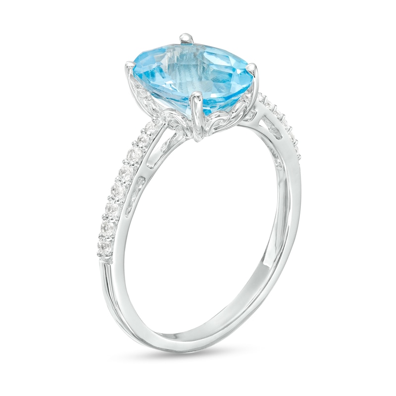 Main Image 3 of Oval Swiss Blue Topaz and White Lab-Created Sapphire Tapered Shank Ring in Sterling Silver