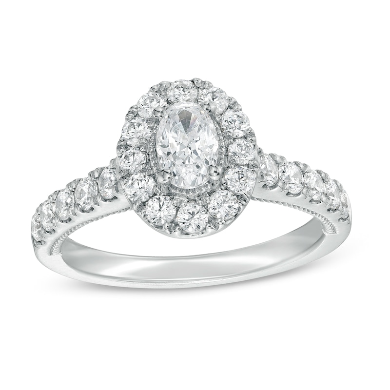 Main Image 1 of 1-1/3 CT. T.W. Certified Oval Diamond Frame Vintage-Style Engagement Ring in 14K White Gold (I/I1)