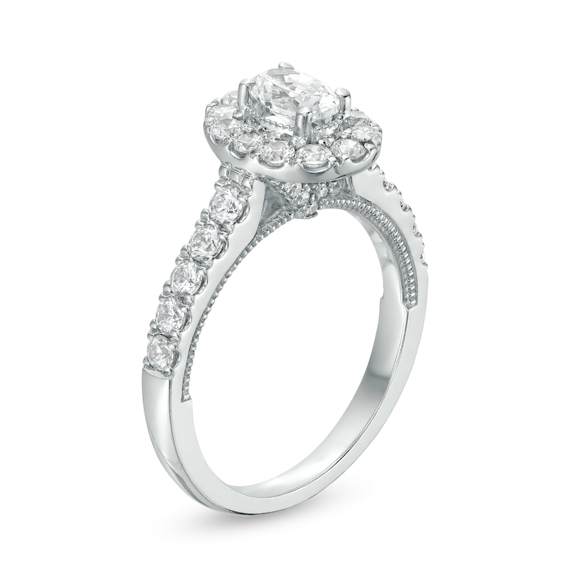 Main Image 3 of 1-1/3 CT. T.W. Certified Oval Diamond Frame Vintage-Style Engagement Ring in 14K White Gold (I/I1)