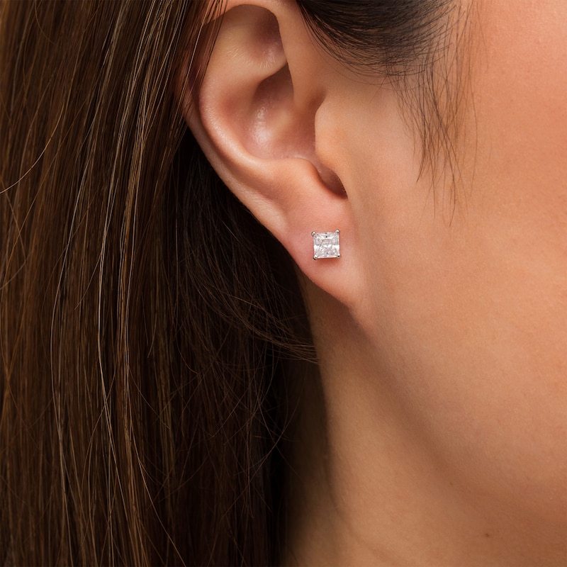 Main Image 2 of 1 CT. T.W. Certified Princess-Cut Lab-Grown Diamond Solitaire Stud Earrings in 14K White Gold (F/SI2)
