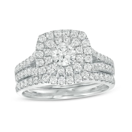 1-1/2 CT. T.W. Certified Diamond Cushion-Shaped Double Frame Split Shank Bridal Set in 14K White Gold (I/I2)