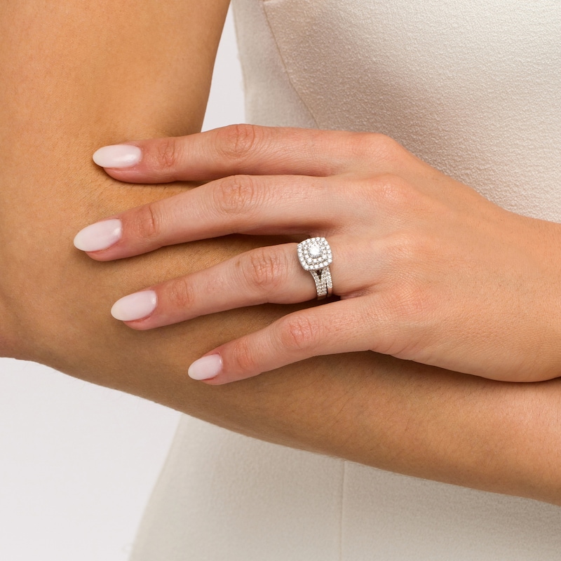 Main Image 2 of 1-1/2 CT. T.W. Certified Diamond Cushion-Shaped Double Frame Split Shank Bridal Set in 14K White Gold (I/I2)