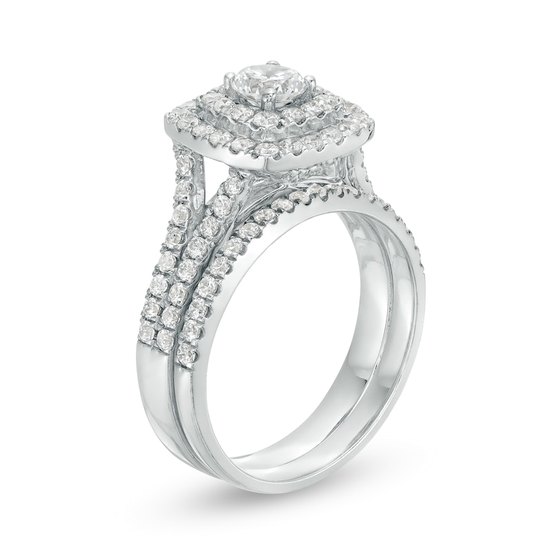 Main Image 3 of 1-1/2 CT. T.W. Certified Diamond Cushion-Shaped Double Frame Split Shank Bridal Set in 14K White Gold (I/I2)