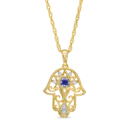 Blue and White Lab-Created Sapphire Star of David in Hamsa Pendant in Sterling Silver with 14K Gold Plate