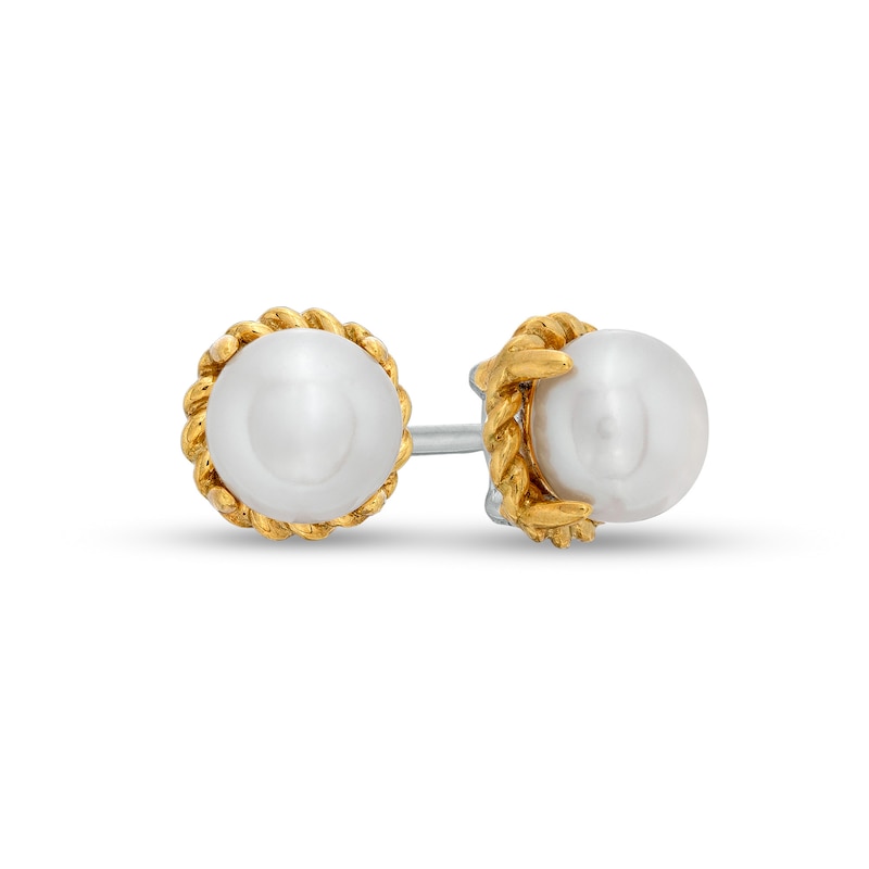 Main Image 1 of 6.0-6.5mm Button Freshwater Cultured Pearl Rope-Textured Frame Stud Earrings in Sterling Silver and 10K Gold