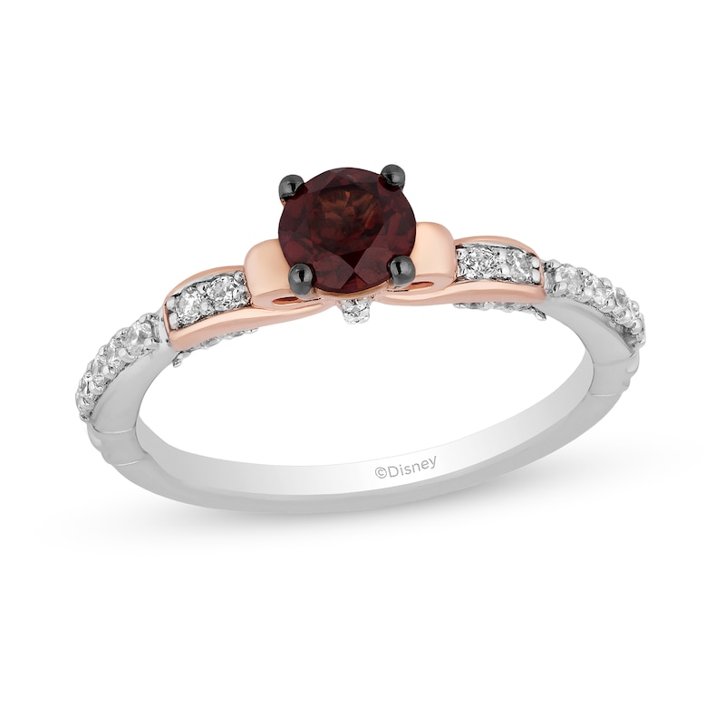 Main Image 1 of Enchanted Disney Snow White 5.0mm Garnet and 1/5 CT. T.W. Diamond Bow Promise Ring in Sterling Silver and 10K Rose Gold