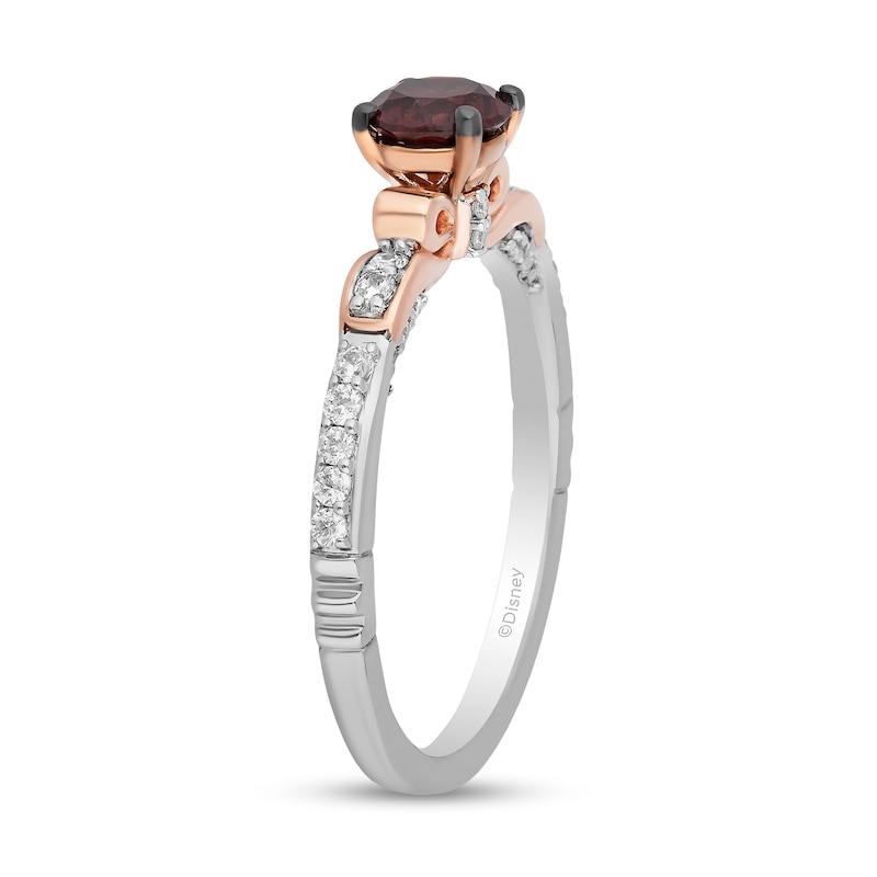 Enchanted Disney Snow White 5.0mm Garnet and 1/5 CT. T.W. Diamond Bow Promise Ring in Sterling Silver and 10K Rose Gold