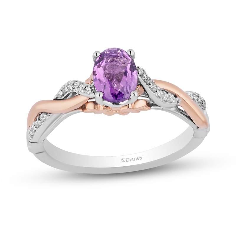 Main Image 1 of Enchanted Disney Rapunzel Oval Amethyst and 1/10 CT. T.W. Diamond Promise Ring in Sterling Silver and 10K Rose Gold