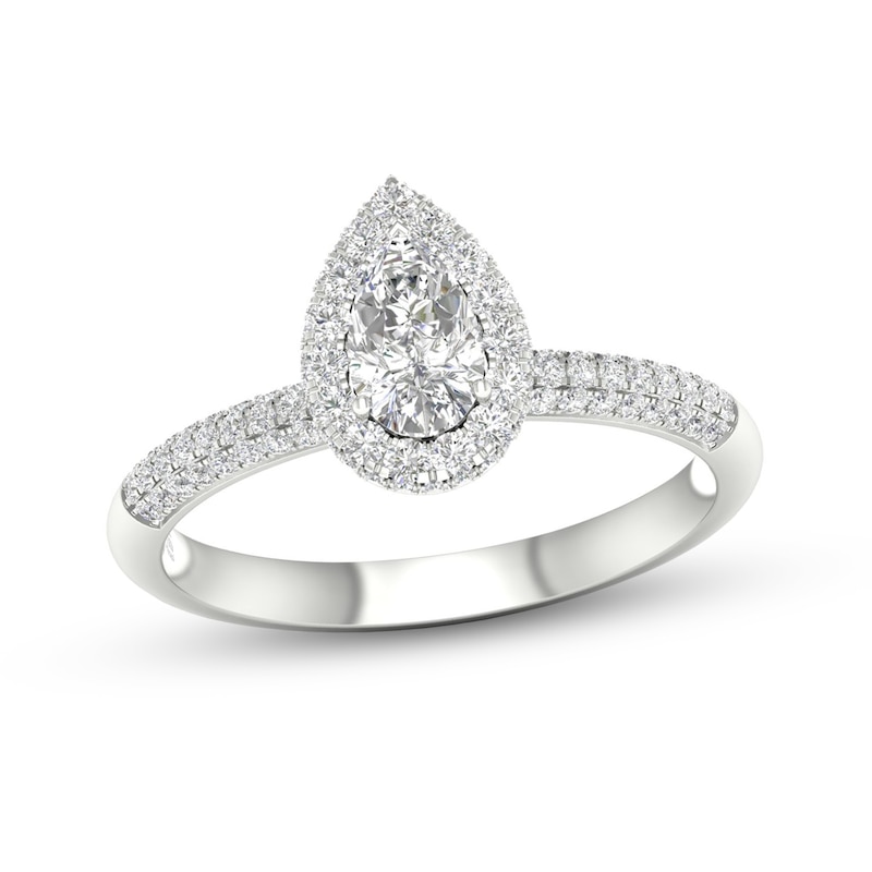 Trouvaille Collection 3/4 CT. T.W. DeBeers®-Graded Pear-Shaped Diamond Frame Engagement Ring in Platinum (F/SI2)