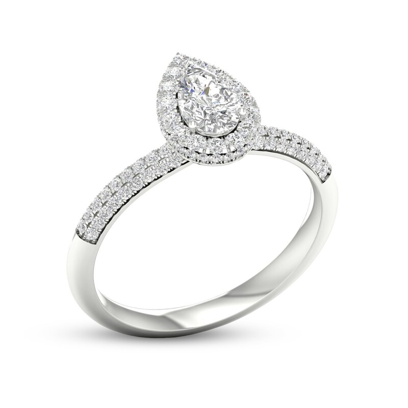 Trouvaille Collection 3/4 CT. T.W. DeBeers®-Graded Pear-Shaped Diamond Frame Engagement Ring in Platinum (F/SI2)