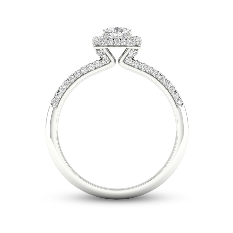 Trouvaille Collection 3/4 CT. T.W. DeBeers®-Graded Pear-Shaped Diamond Frame Engagement Ring in Platinum (F/SI2)