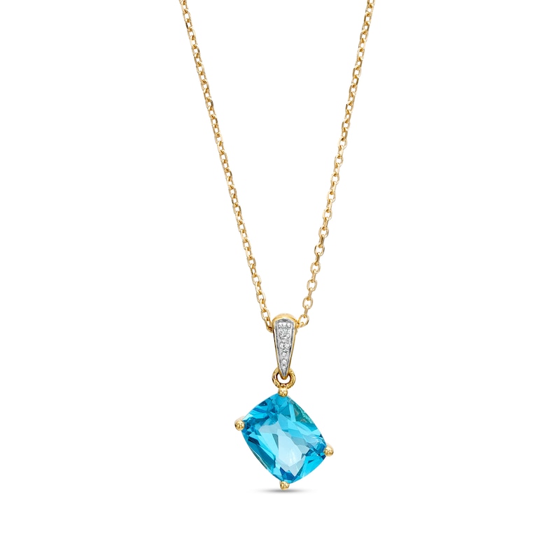 Main Image 1 of Cushion-Cut Swiss Blue Topaz and Diamond Accent Tilted Drop Pendant in 10K Gold