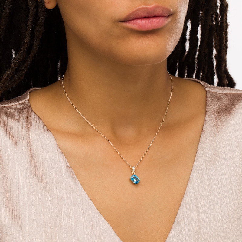 Main Image 2 of Cushion-Cut Swiss Blue Topaz and Diamond Accent Tilted Drop Pendant in 10K Gold