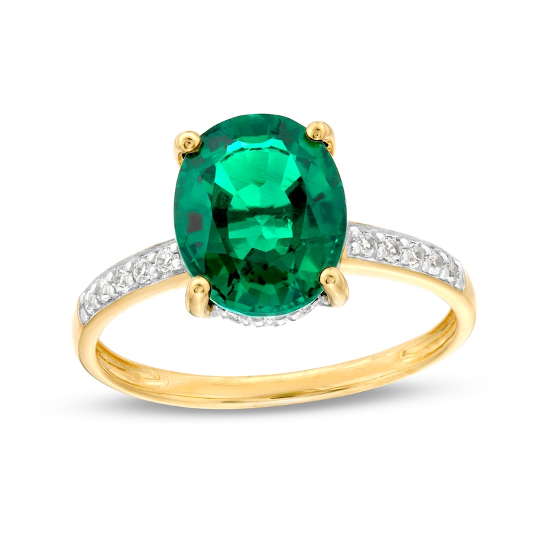 Main Image 1 of Oval Lab-Created Emerald and White Lab-Created Sapphire Ring in 10K Gold