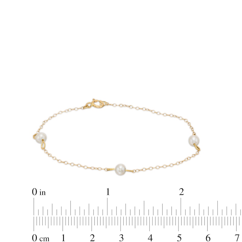 Main Image 4 of Child's 3.5mm Freshwater Cultured Pearl Trio Station Bracelet in 14K Gold – 6"
