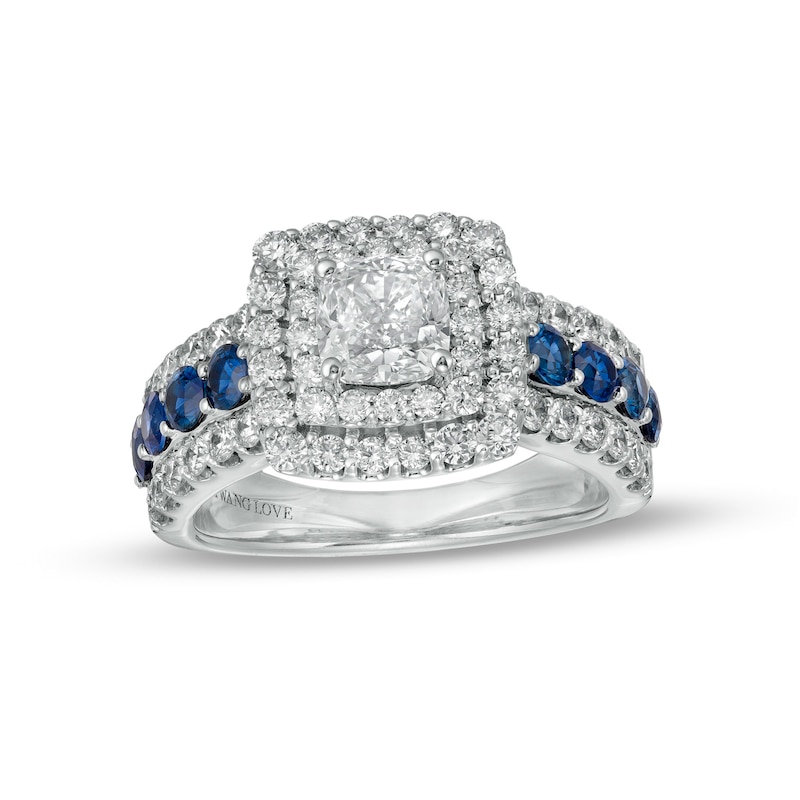 Main Image 1 of Vera Wang Love Collection 2 CT. T.W. Certified Lab-Grown Diamond Engagement Ring with Blue Sapphires in 14K White Gold