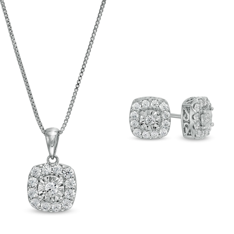 Main Image 1 of 1 CT. T.W. Diamond Cushion-Shaped Frame Pendant and Stud Earrings Set in Sterling Silver