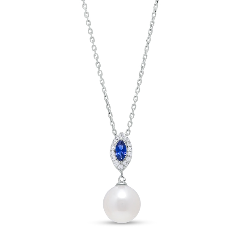 Cultured Freshwater Peal and Marquise Ceylon Blue and White Lab-Created Sapphire Frame Drop Pendant in Sterling Silver