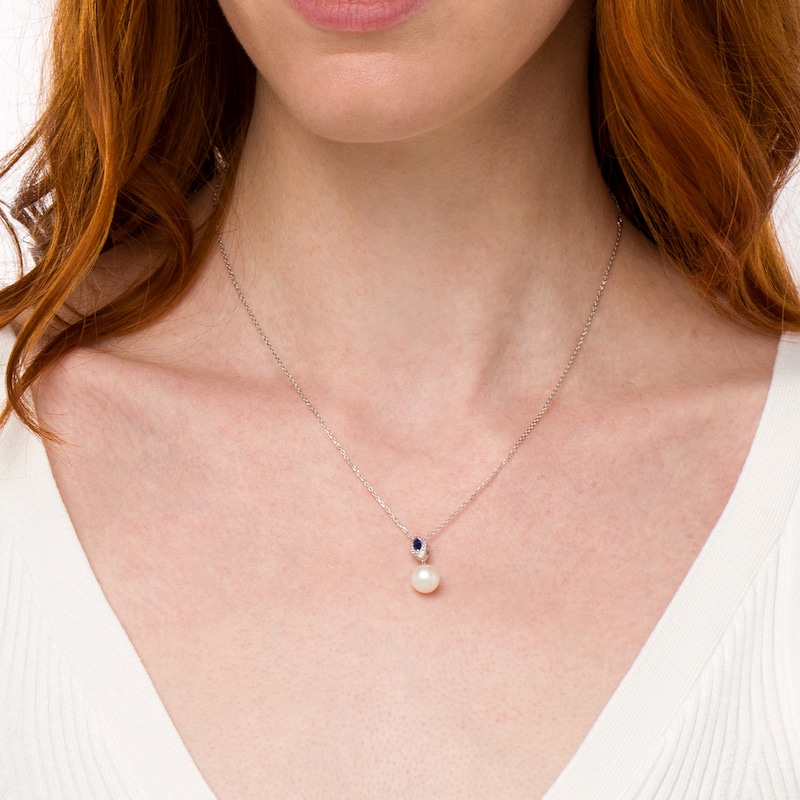 Main Image 2 of Cultured Freshwater Peal and Marquise Ceylon Blue and White Lab-Created Sapphire Frame Drop Pendant in Sterling Silver