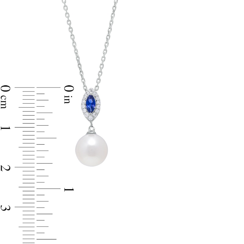 Main Image 3 of Cultured Freshwater Peal and Marquise Ceylon Blue and White Lab-Created Sapphire Frame Drop Pendant in Sterling Silver