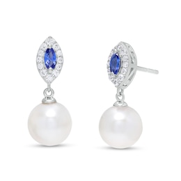 Cultured Freshwater Pearl and Marquise Ceylon Blue and White Lab-Created Sapphire Frame Drop Earrings in Sterling Silver