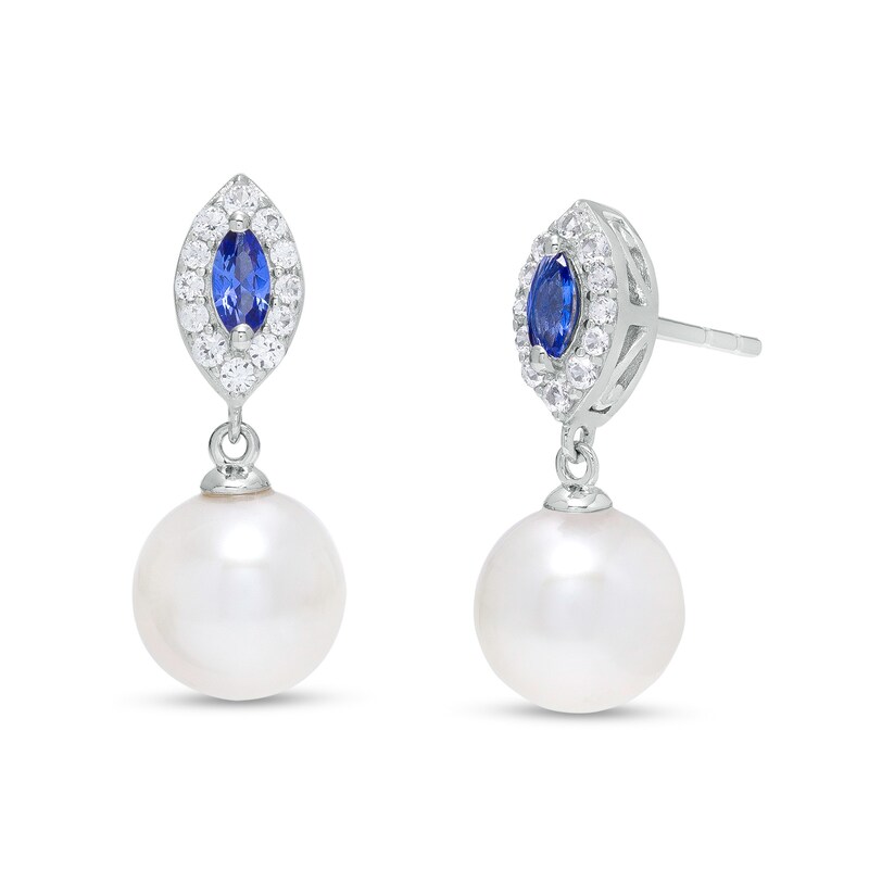 Main Image 1 of Freshwater Cultured Pearl and Marquise Ceylon Blue and White Lab-Created Sapphire Frame Drop Earrings in Sterling Silver