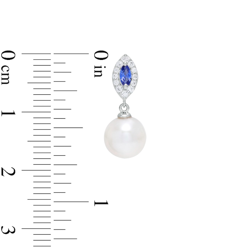 Freshwater Cultured Pearl and Marquise Ceylon Blue and White Lab-Created Sapphire Frame Drop Earrings in Sterling Silver