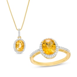 Oval Citrine and White Lab-Created Sapphire Frame Drop Pendant and Ring Set in Sterling Silver with 14K Gold Plate