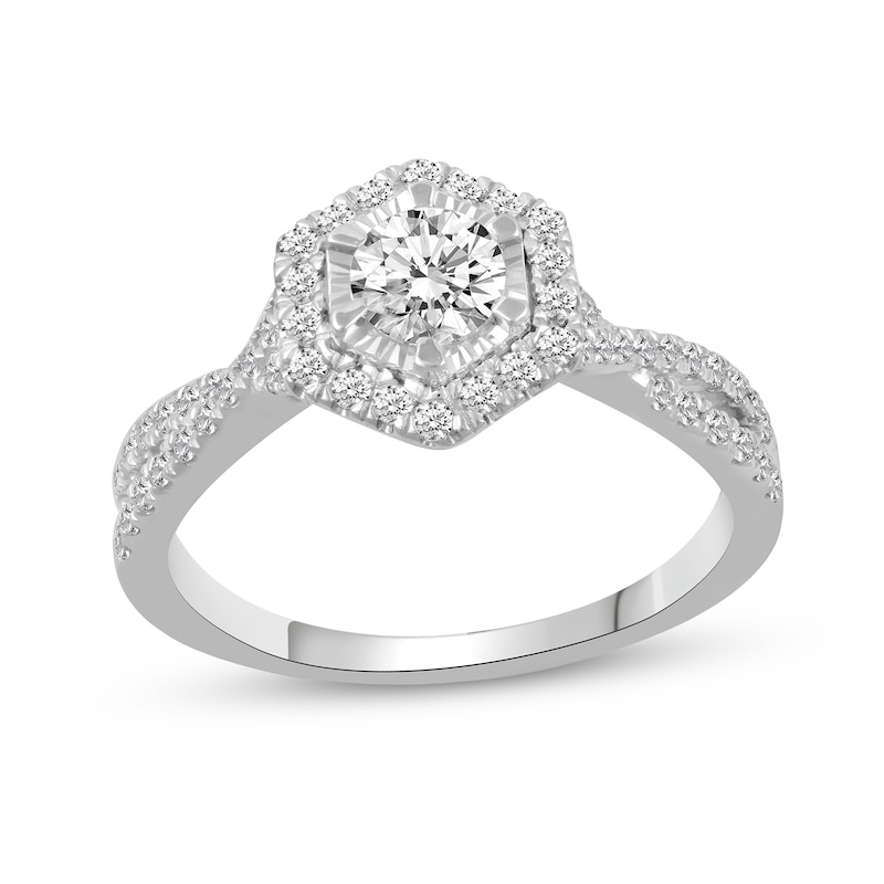 5/8 CT. T.W. Diamond Hexagon Frame Twist Shank Engagement Ring in 14K White Gold