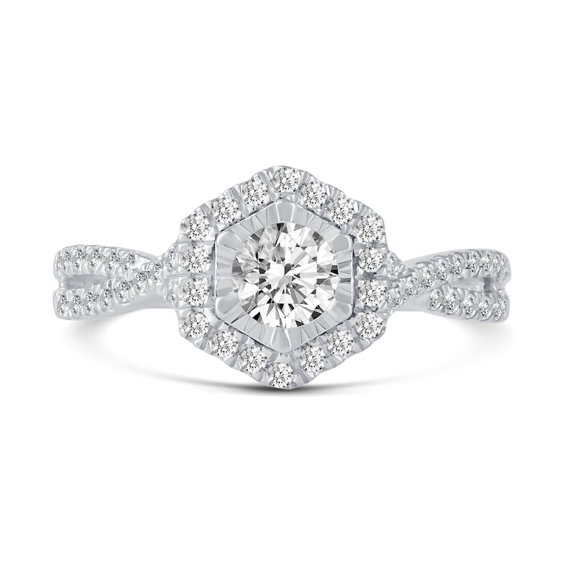 5/8 CT. T.W. Diamond Hexagon Frame Twist Shank Engagement Ring in 14K White Gold