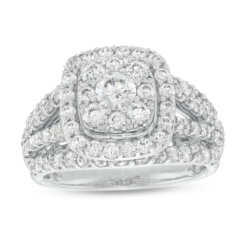 Main Image 1 of 2 CT. T.W. Cushion-Shaped Multi-Diamond Frame Split Shank Engagement Ring in 10K White Gold