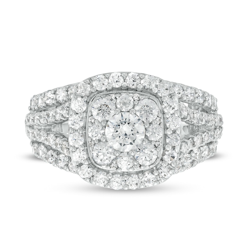 Main Image 4 of 2 CT. T.W. Cushion-Shaped Multi-Diamond Frame Split Shank Engagement Ring in 10K White Gold
