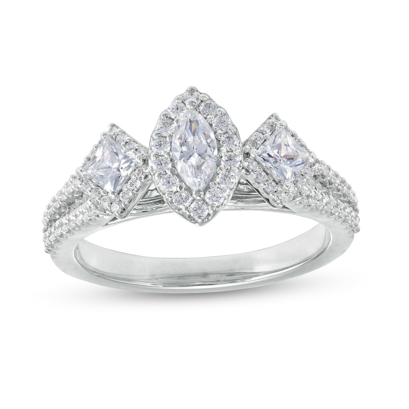 1 CT. T.W. Marquise Diamond Past Present Future® Frame Split Shank Engagement Ring in 14K White Gold
