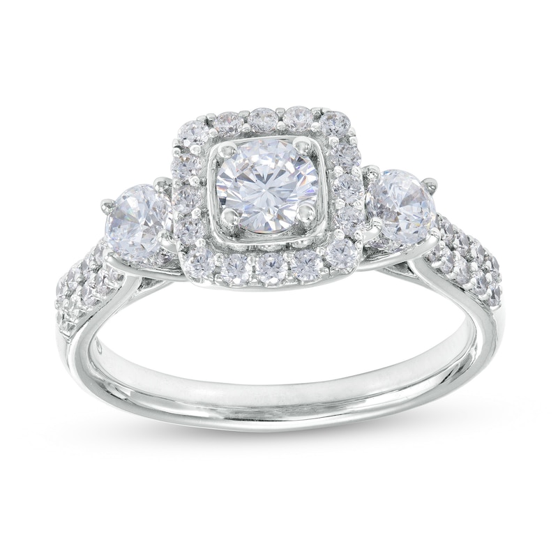 Main Image 1 of 1-1/6 CT. T.W. Diamond Past Present Future® Cushion-Shaped Frame Double Row Engagement Ring in 14K White Gold