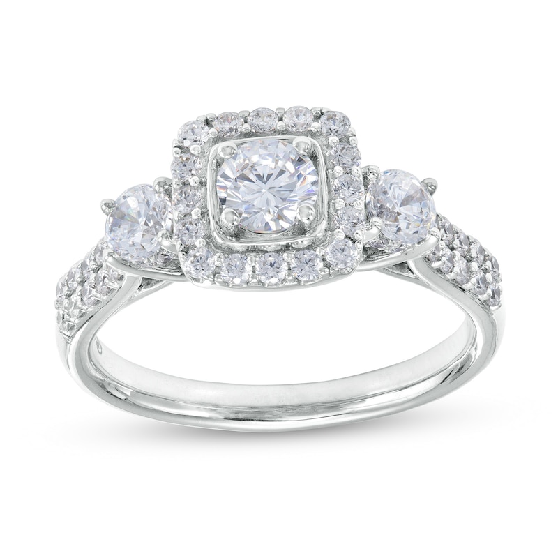 1-1/6 CT. T.W. Diamond Past Present Future® Cushion-Shaped Frame Double Row Engagement Ring in 14K White Gold