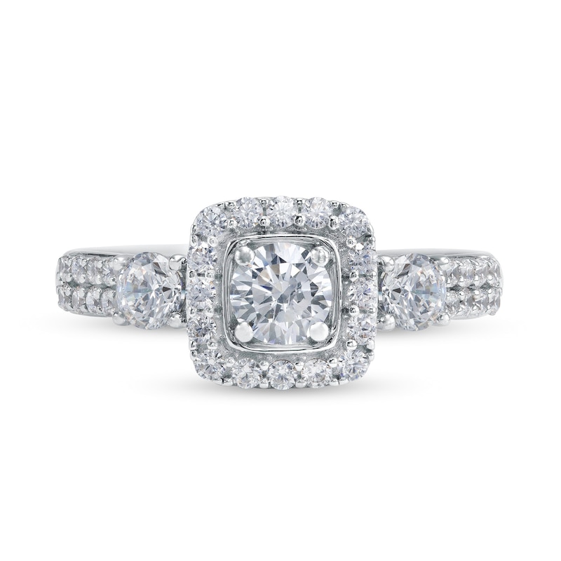 1-1/6 CT. T.W. Diamond Past Present Future® Cushion-Shaped Frame Double Row Engagement Ring in 14K White Gold