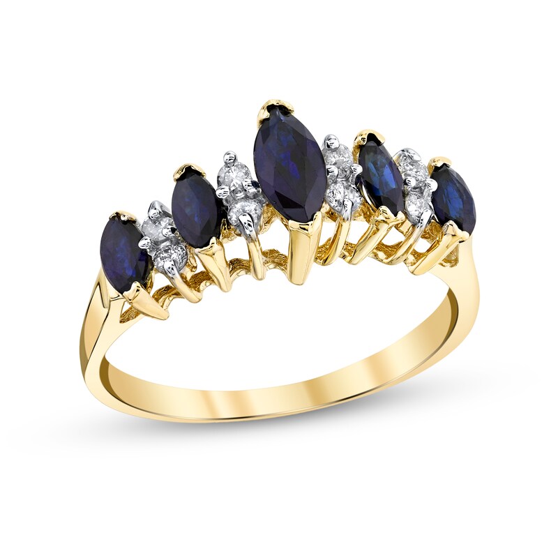 Main Image 1 of Marquise Blue Sapphire and 1/8 CT. T.W. Diamond Duo Alternating Five Stone Ring in 14K Gold